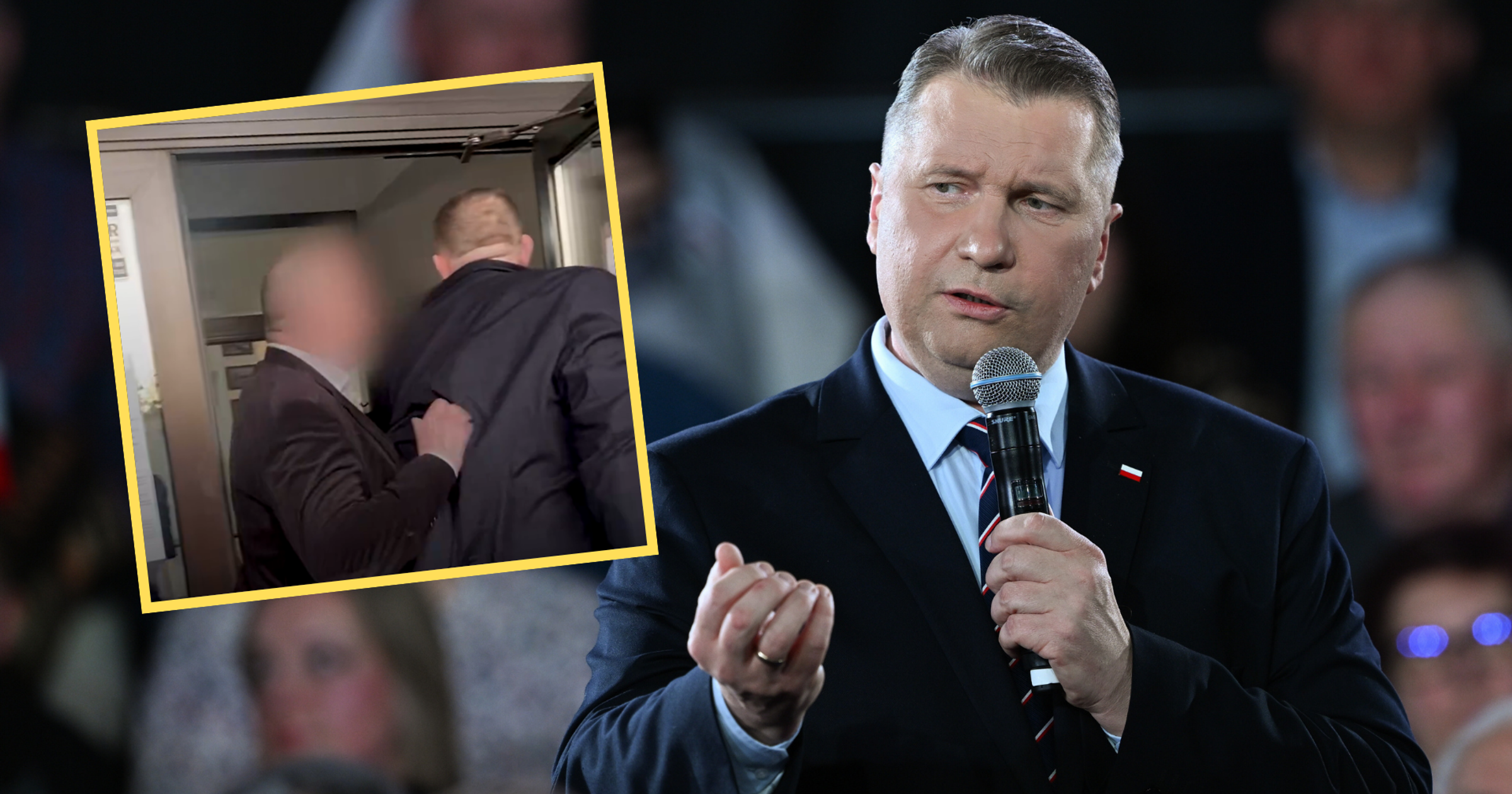 Awantura przed spotkaniem z Przemysławem Czarnkiem. Ochroniarz blokował europosła. "Nie wpuszczę"