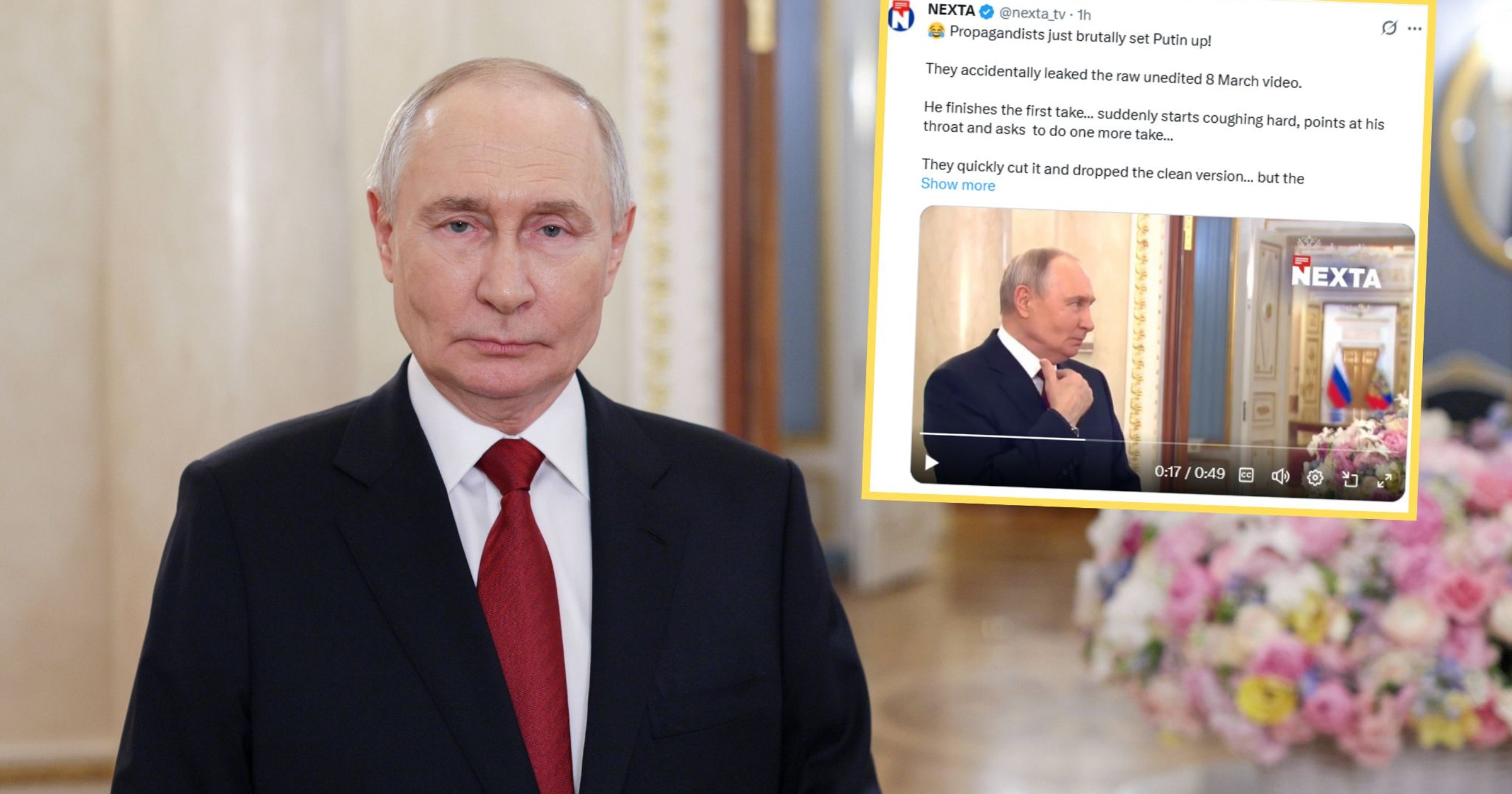 Wpadka Władimira Putina podczas składania życzeń na Dzień Kobiet. "Powiem jeszcze raz" [WIDEO]