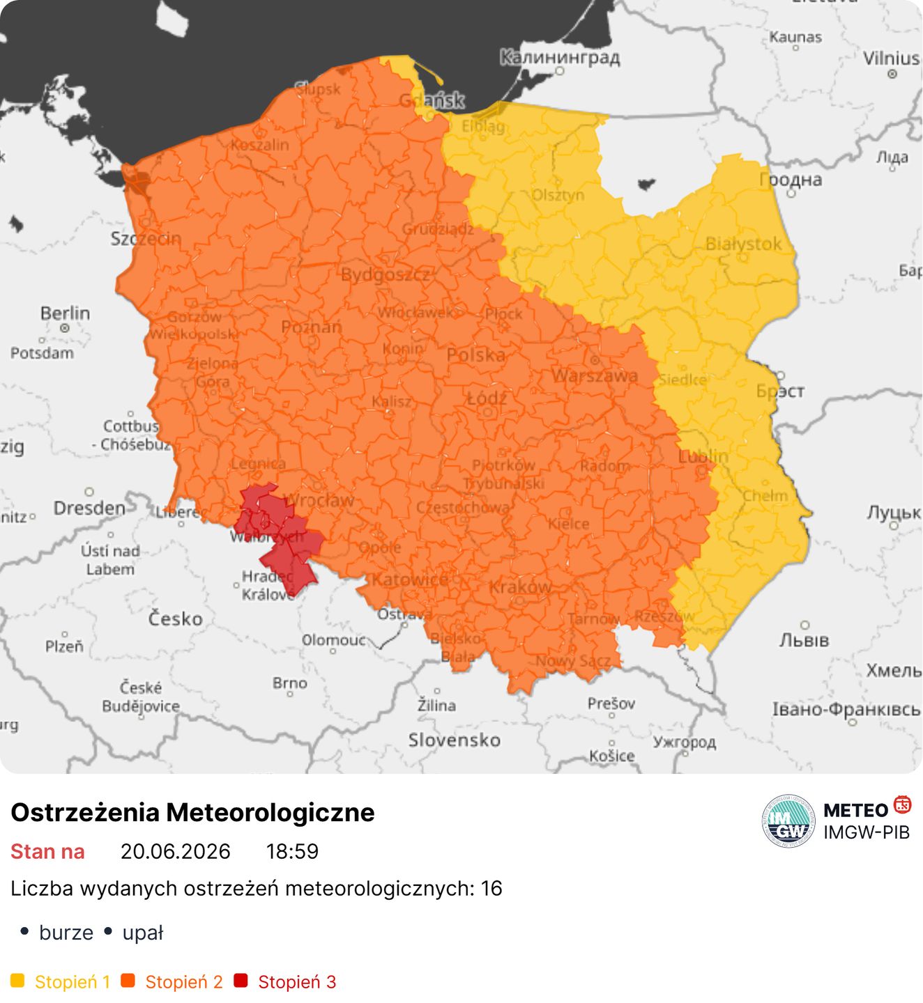 Czerwony kolor na mapie. Pilny alert IMGW